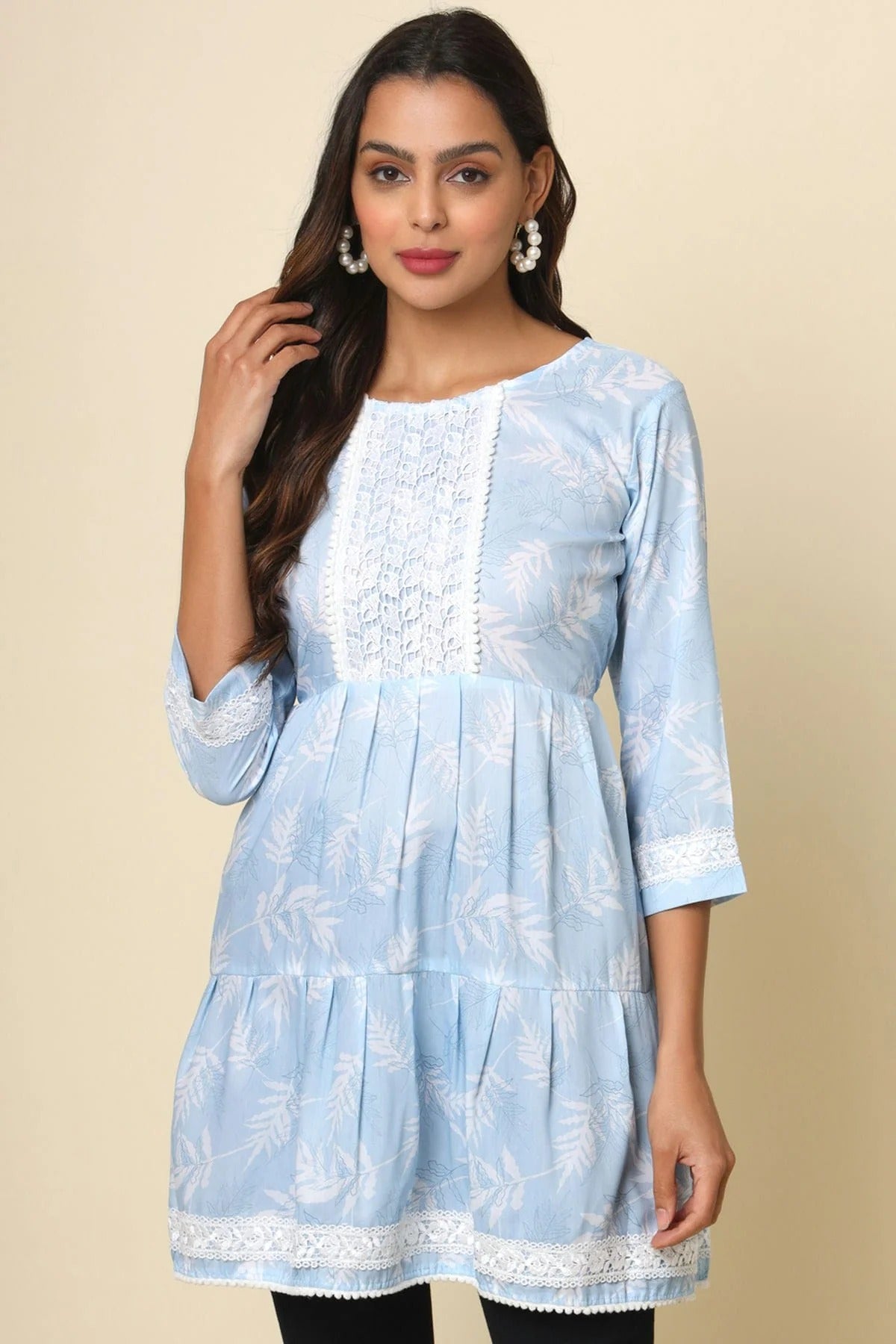 Sky Blue Cotton Printed,Lace Readymade Top NCTP11112290