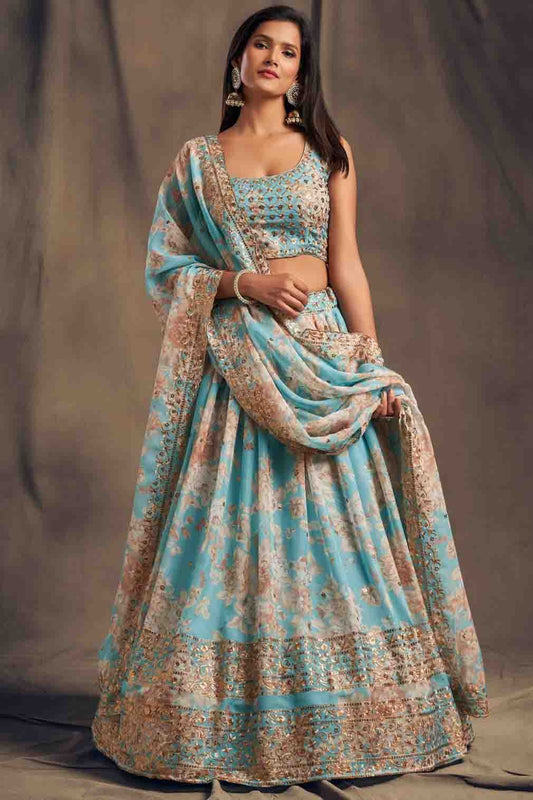 Sky Blue Digital Printed Organza Lehenga Choli NCLC10110348