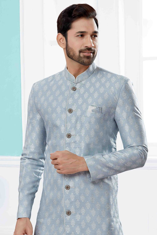 Sky Blue Indo Western In Banarasi Jacquard NCSH10410543