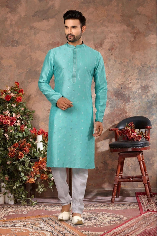 Sky Blue Kurta Pajama In Silk NCKP10410679