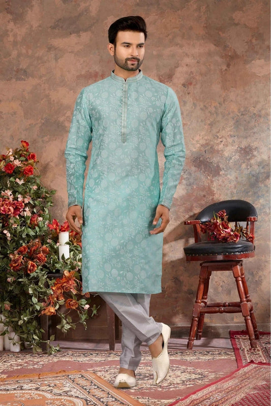 Sky Blue Kurta Pajama In Silk NCKP10410695