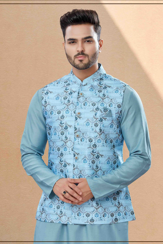 Sky Blue Kurta PajamaWith Jacket In Silk Dupion  NCKP10410744
