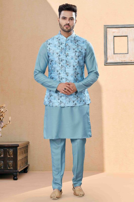 Sky Blue Kurta PajamaWith Jacket In Silk Dupion NCKP10410744