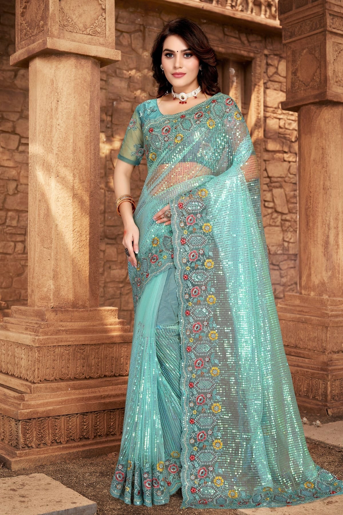 Sky Blue Net Designer Saree NCLC11210476
