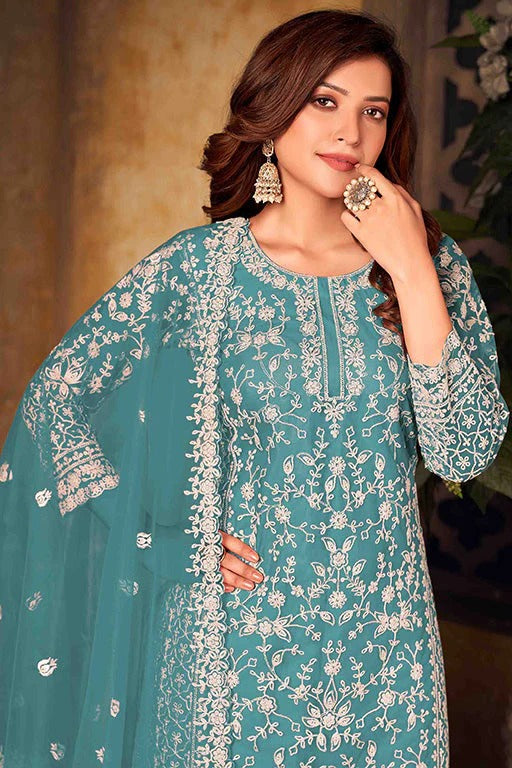 Sky Blue Net Semi Stitched Palazzo Pant Suit NCSM10510388