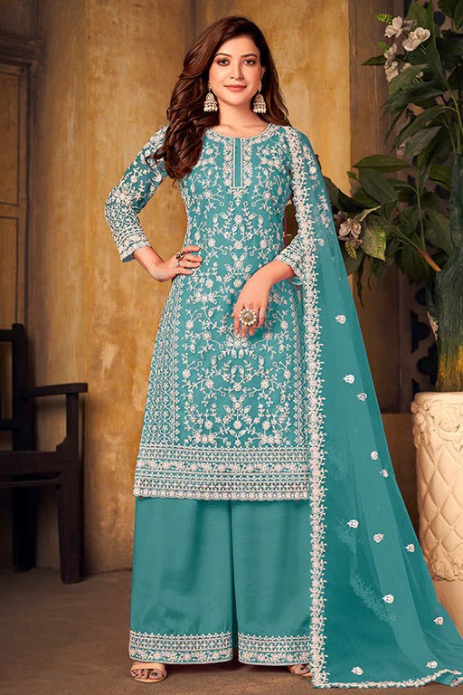 Sky Blue Net Semi Stitched Palazzo Pant Suit NCSM10510388