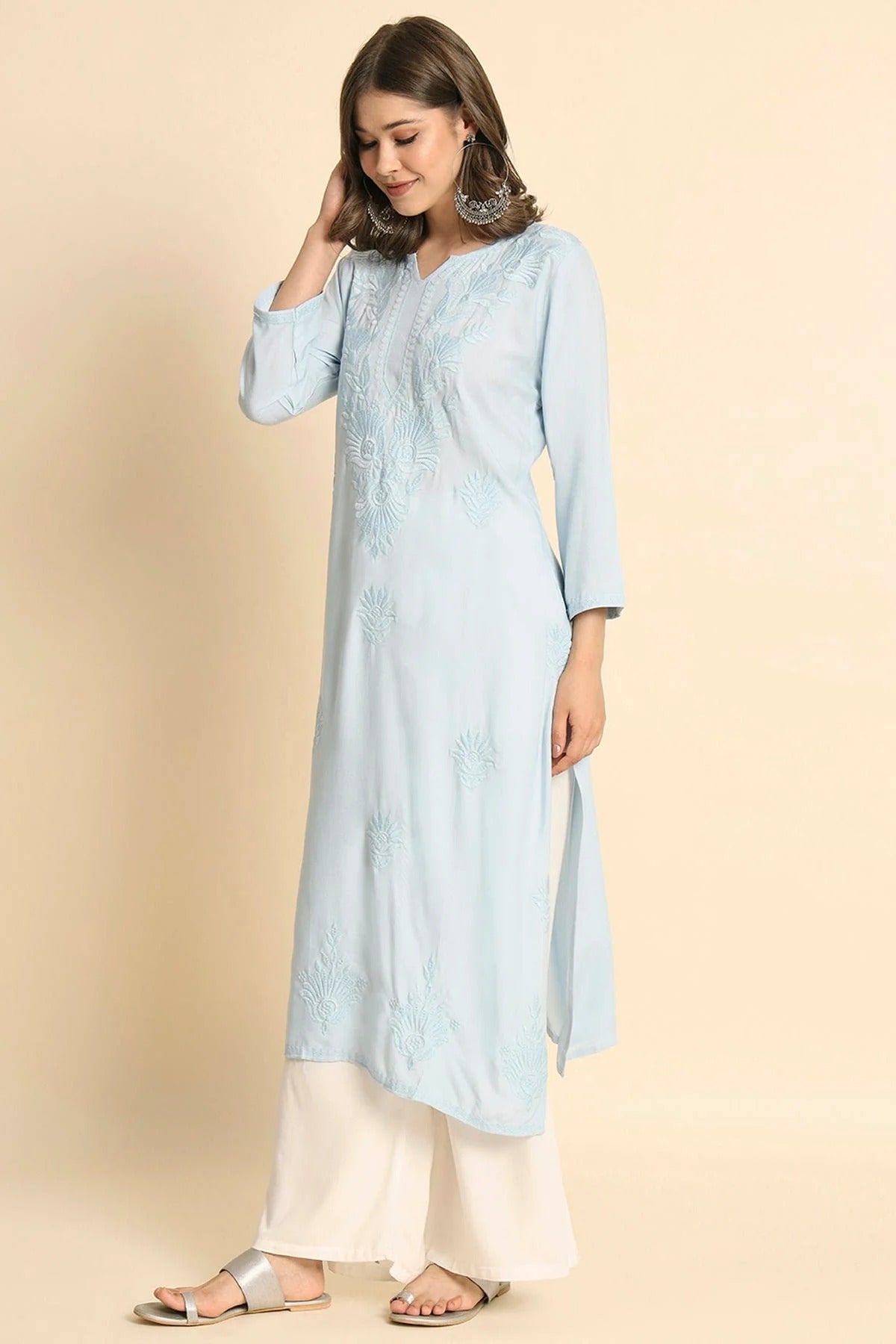 Sky Blue Rayon Kurti NCKR11112135