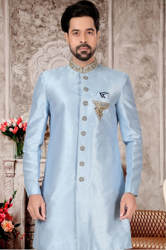 Sky Blue Slub Silk Sherwani NCSH10410406