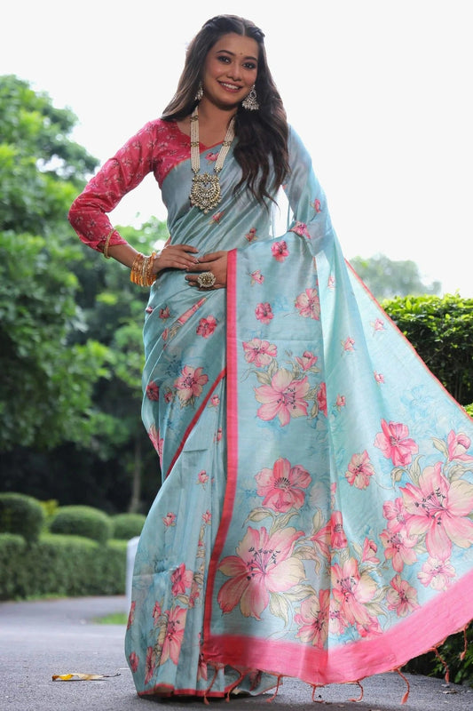 Sky Blue Tussar Silk Digital Printed Saree NCSD12910189