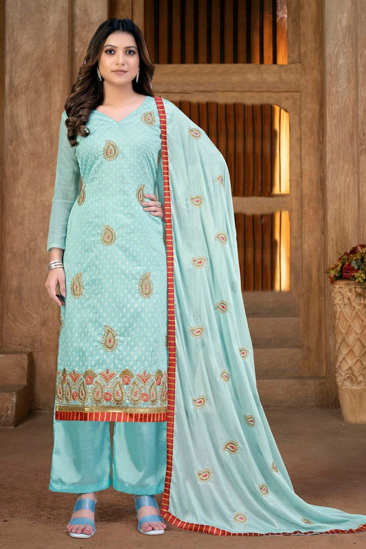 Sky Blue Unstitched Cotton Plazzo Pant Suit NCUS11610397