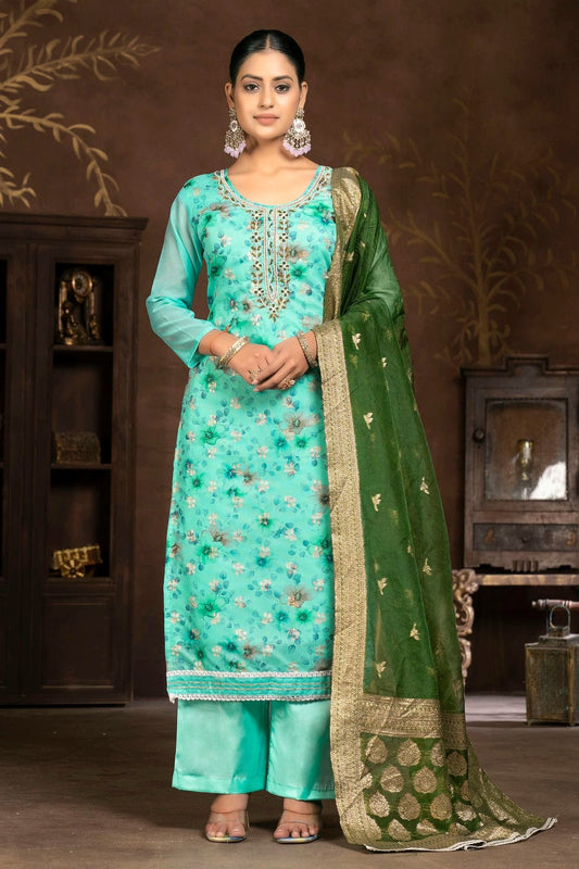 Sky Blue Unstitched Organza Plazzo Pant Suit NCUS11610401