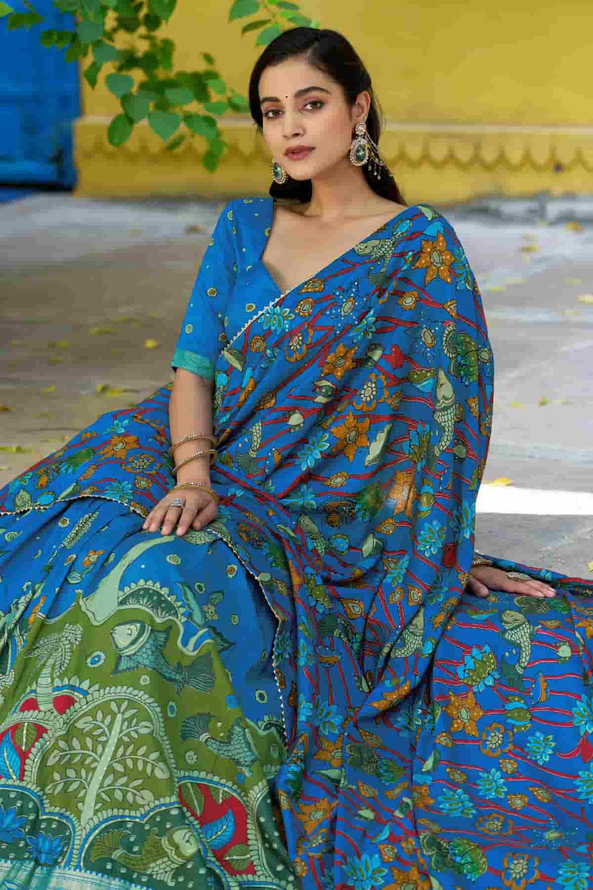 Tasar Silk Kalamkari Print Foil Work Lehenga Choli In Sky Blue Colour NCLD1300079