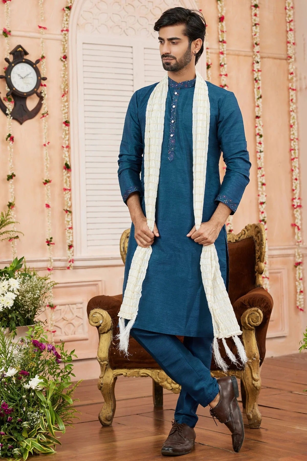 Teal Art Banarasi Silk Kurta PajamaWith Stole NCKP12310123