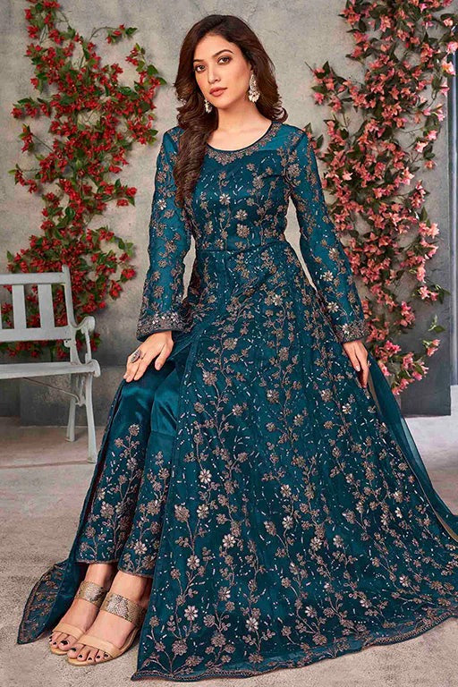 Teal Blue Net Semi Stitched Pant Style Suit NCSM10510387