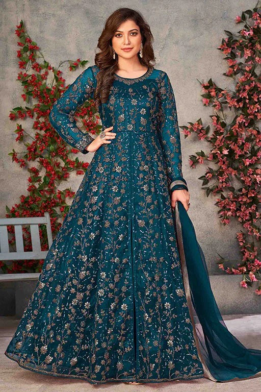 Teal Blue Net Semi Stitched Pant Style Suit NCSM10510387