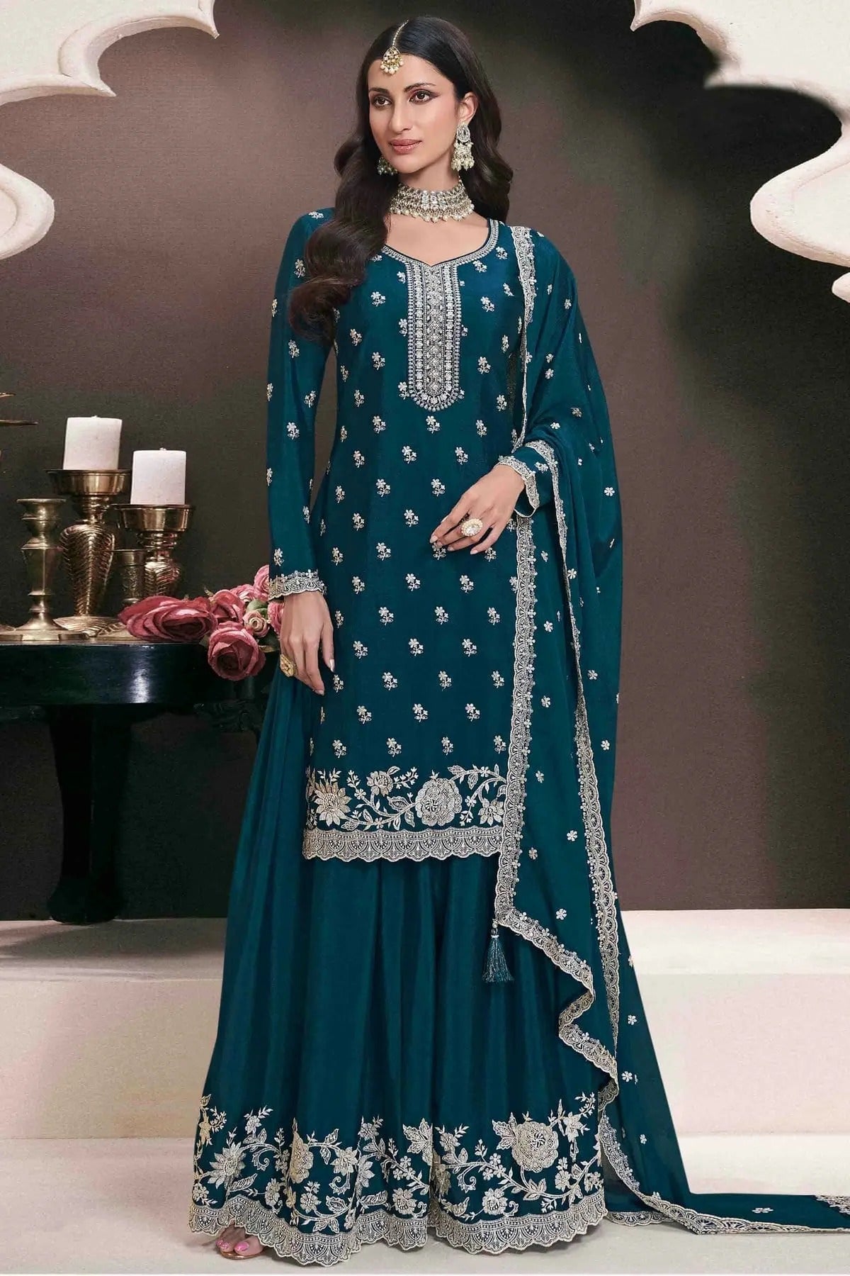 Teal Chinon Palazzo Pant Suit NCSM11410101