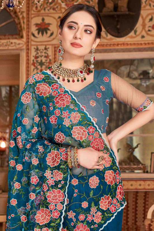 Teal Net Designer Saree NCSD10910726