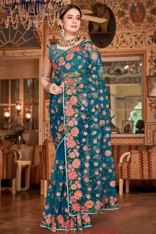 Teal Net Designer Saree NCSD10910726