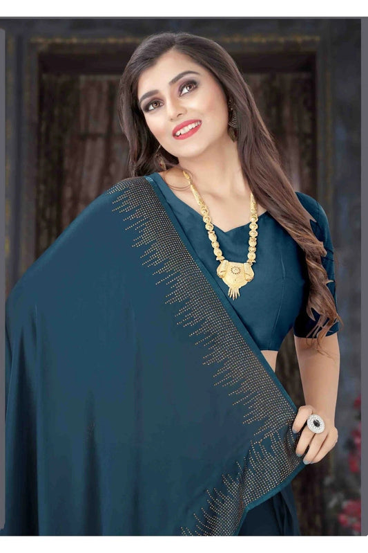 Teal Pure Satin Designer Saree NCSD11210746
