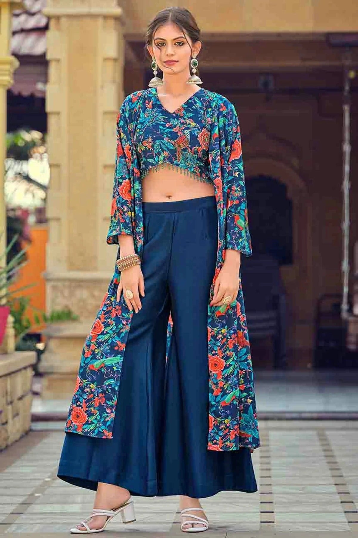 Teal Silk Stitched Indo Western Suit NCSS11110148