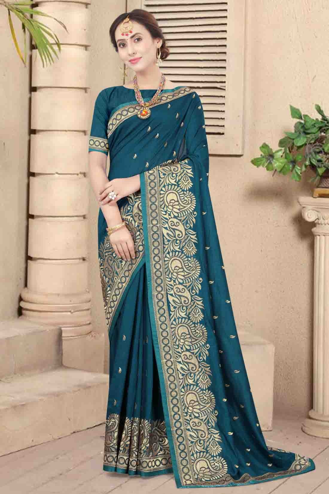 Teal Vichitra Silk Embroidery Saree NCSD11210863