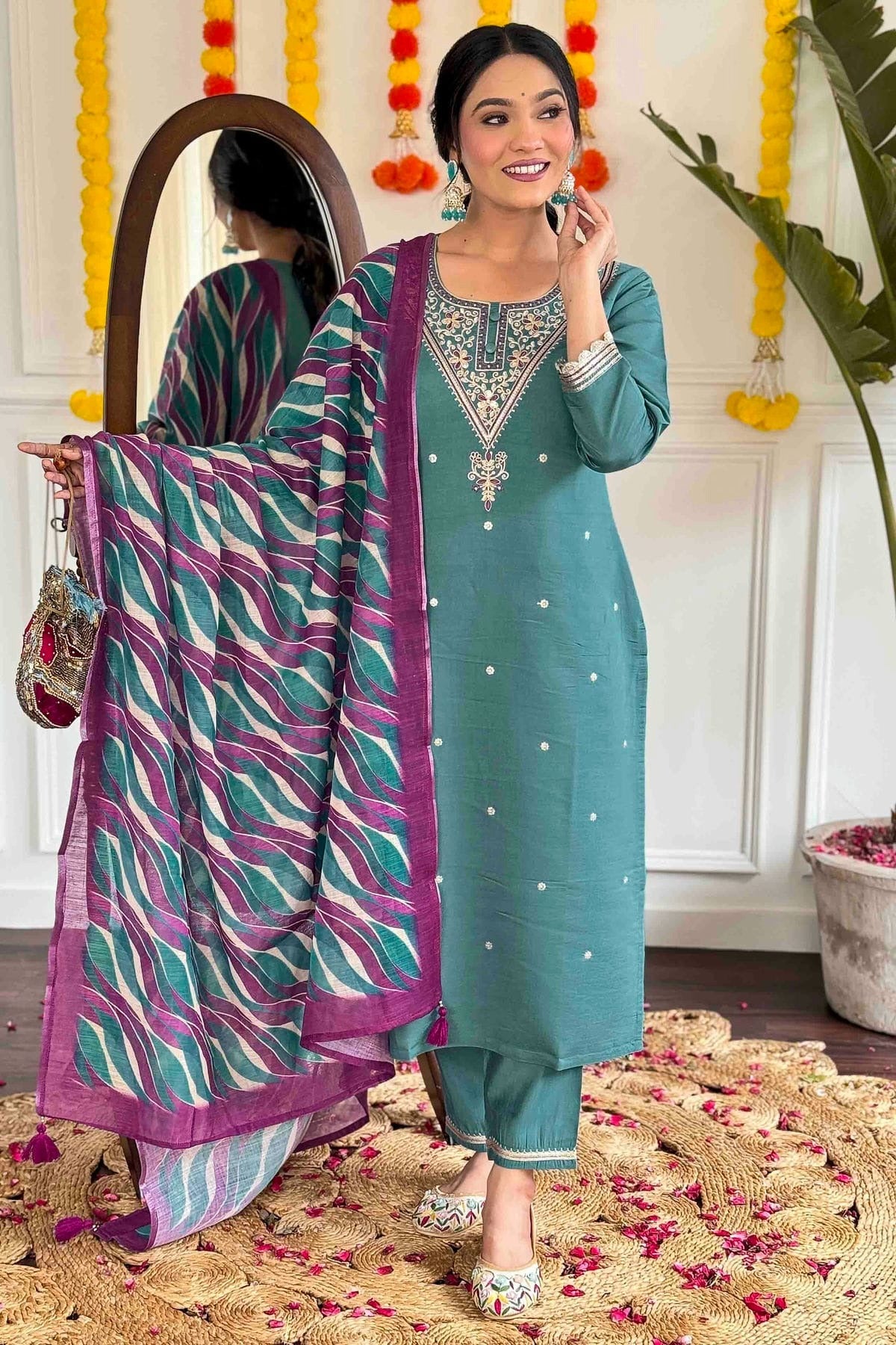 Teal Viscose Chanderi Stitched Suit NCSS11110694