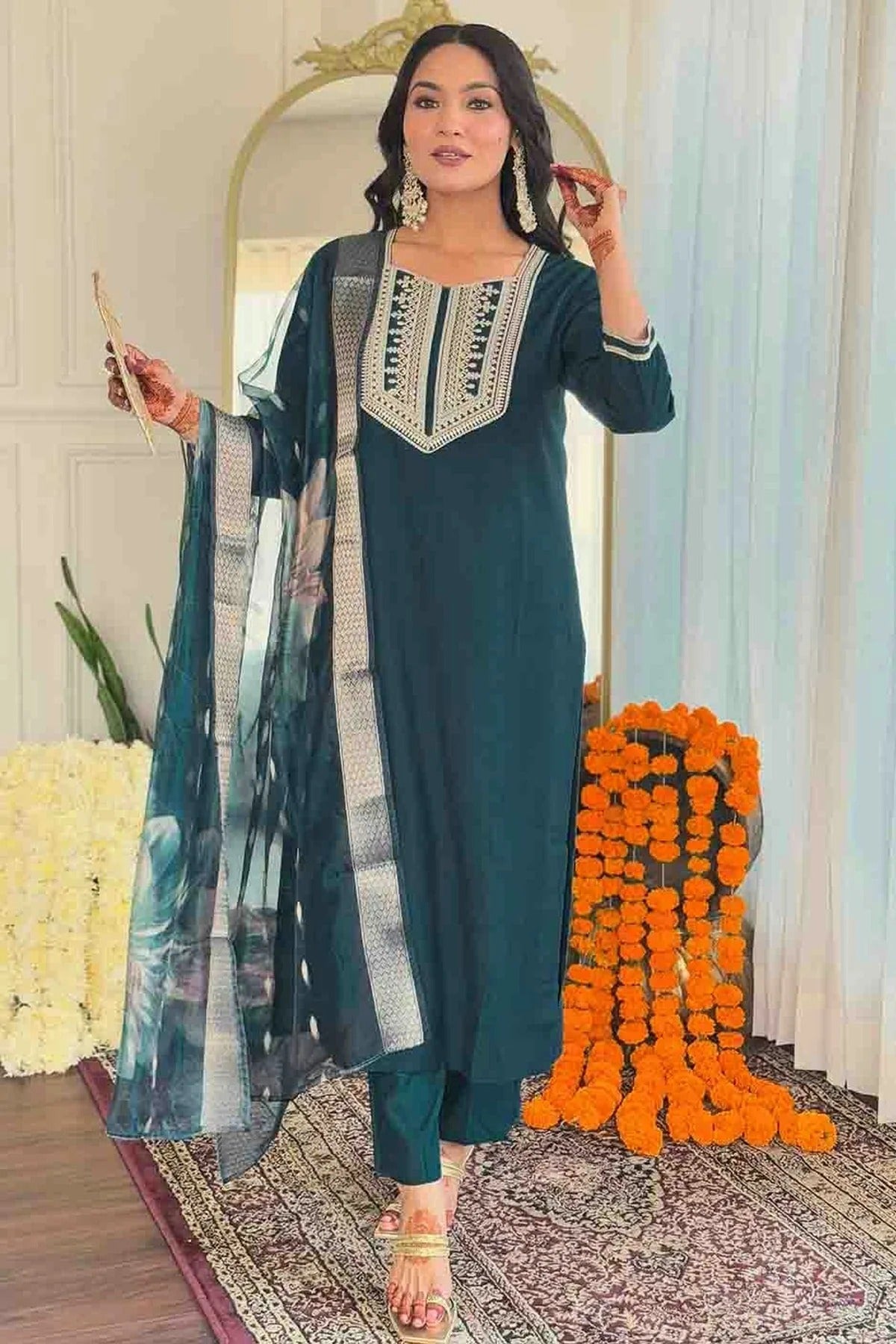 Teal Viscose Stitched Suit NCSS11110862