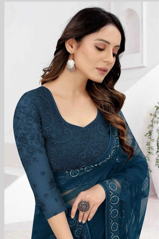 Teal and Blue Net Embroidery Saree NCSD11210846
