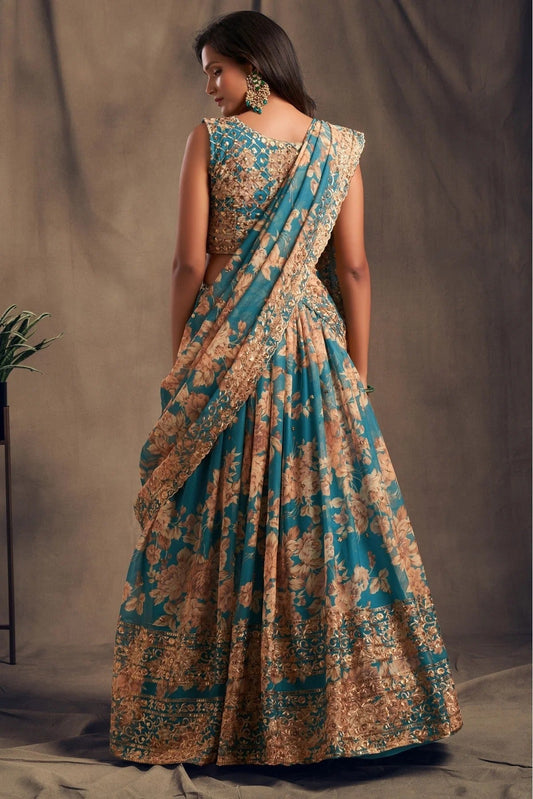 Teal and Blue Organza Lehenga Choli NCLC10110335