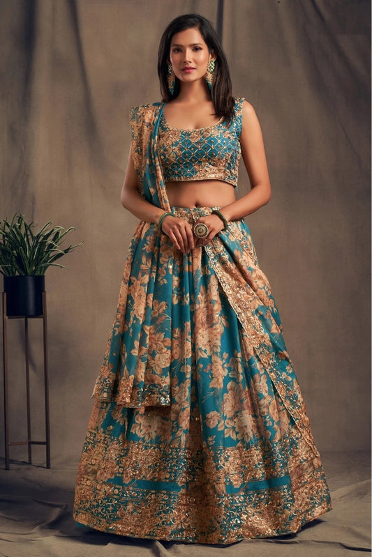 Teal and Blue Organza Lehenga Choli NCLC10110335