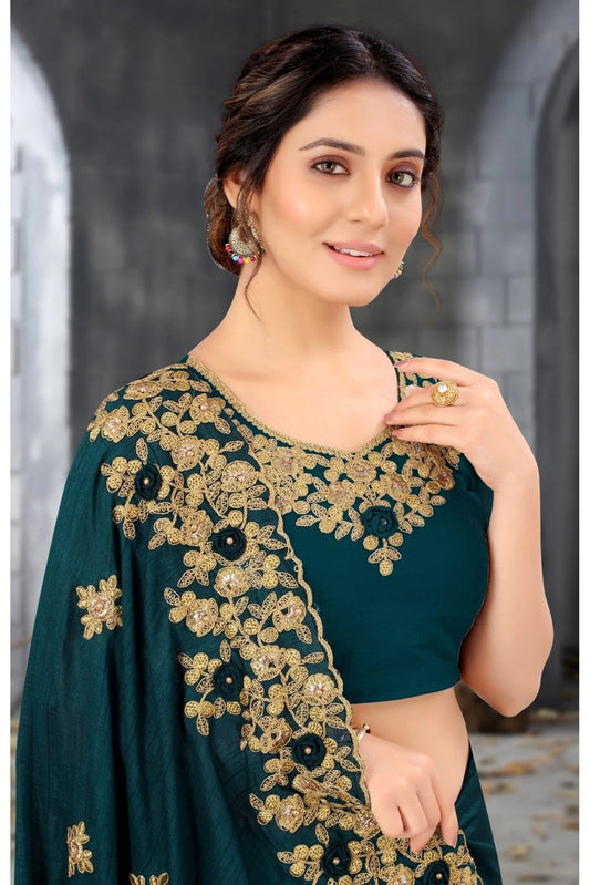 Teal and Blue Silk Embroidery Saree NCSD11210812