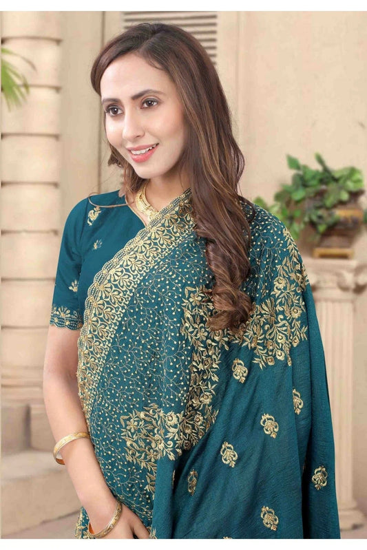 Teal and Blue Vichitra Silk Embroidery Saree NCSD11210733