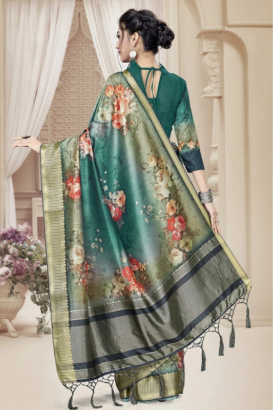 Teal and Green Tussar Silk Printed Saree NCSD11210714