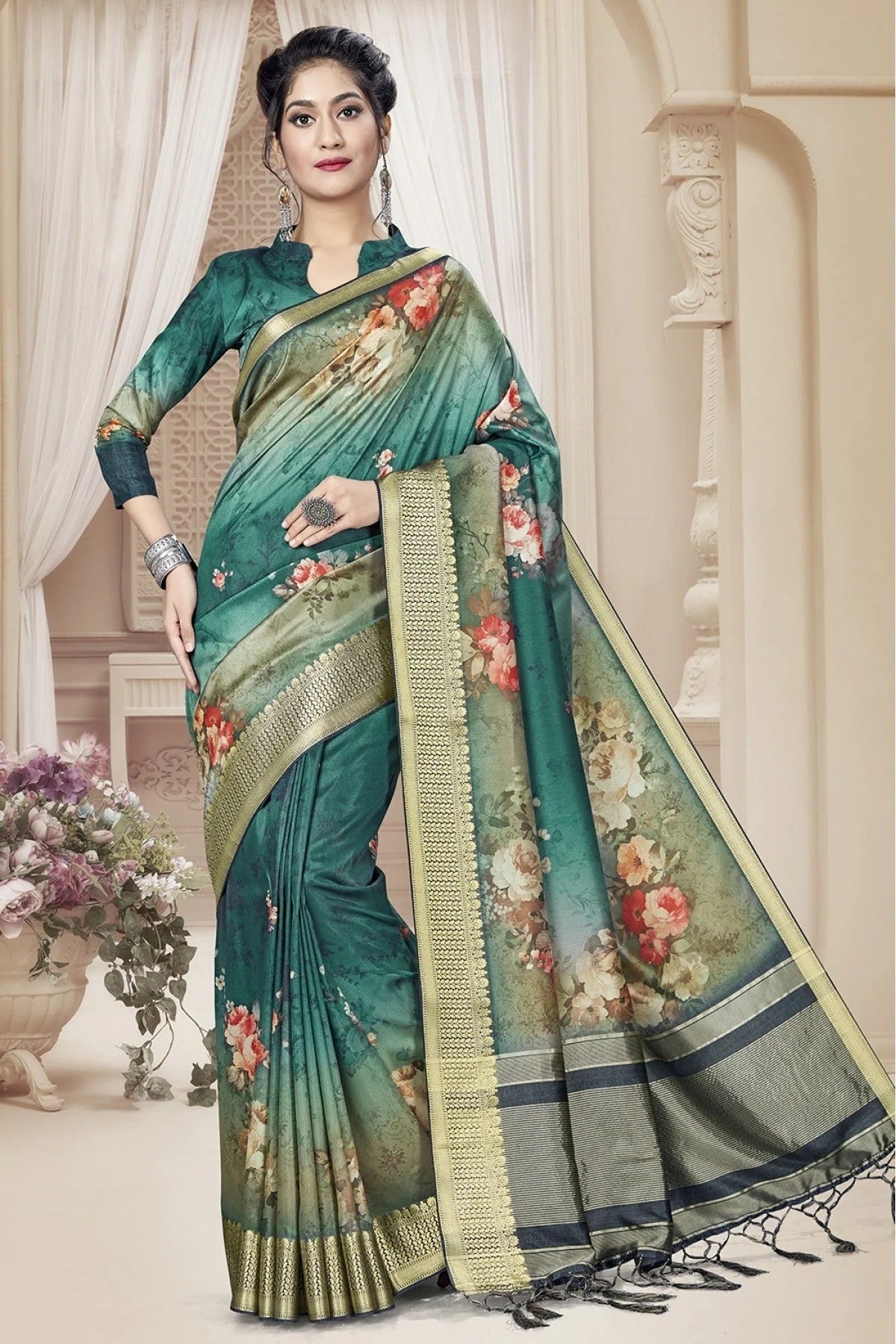 Teal and Green Tussar Silk Printed Saree NCSD11210714