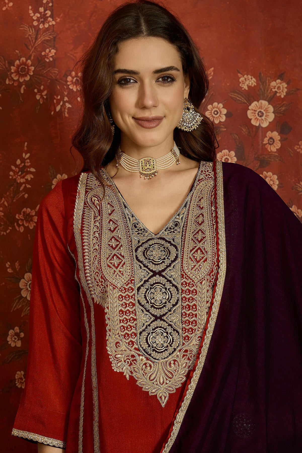 Vichitra Silk Embroidery Work Palazzo Pant Suit In Rust Colour NCSS1113640