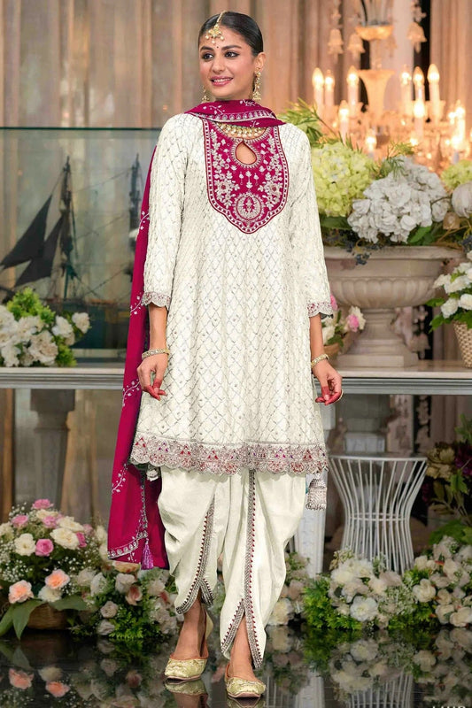 White Chinon Stitched Patiala Suit NCSS11410180