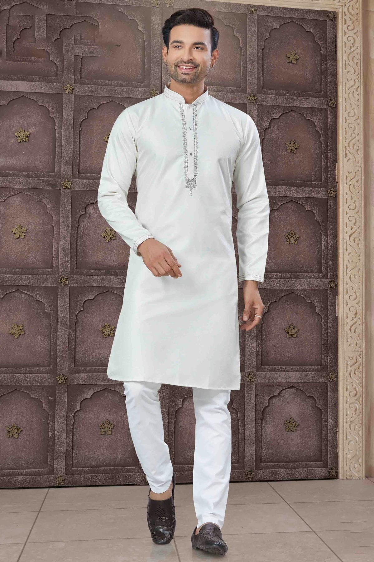 White Embroidery Cotton Kurta Pajama NCKP11110528