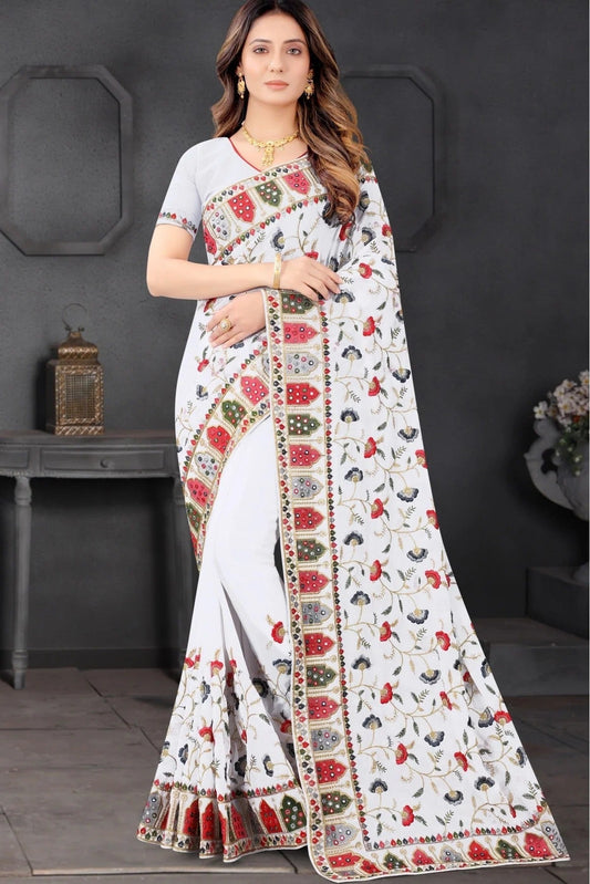 White Georgette Embroidery Saree NCSD10910581