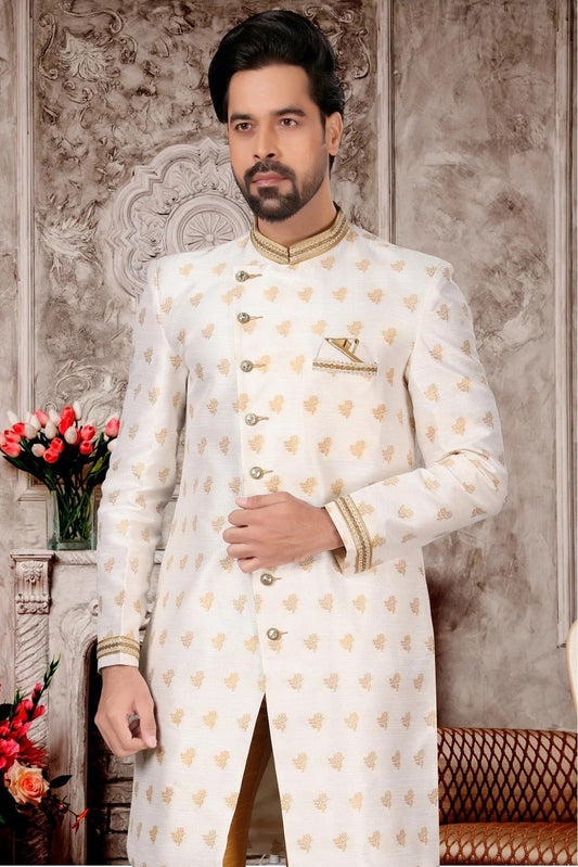 White Jacquard Sherwani NCSH10410399