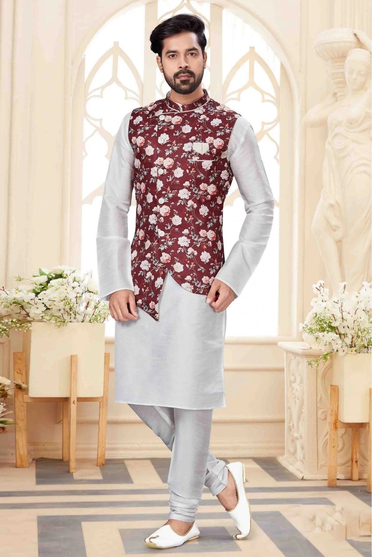 White Kurta PajamaWith Jacket In Silk Dupion NCKP10410716