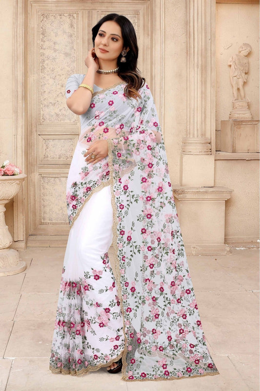 White Net Embroidery Saree NCSD10910625