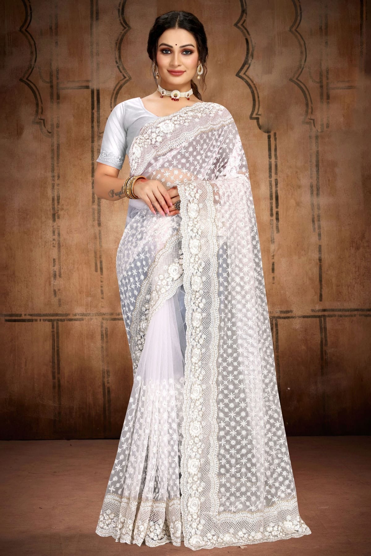 White Net Saree NCSD10910435
