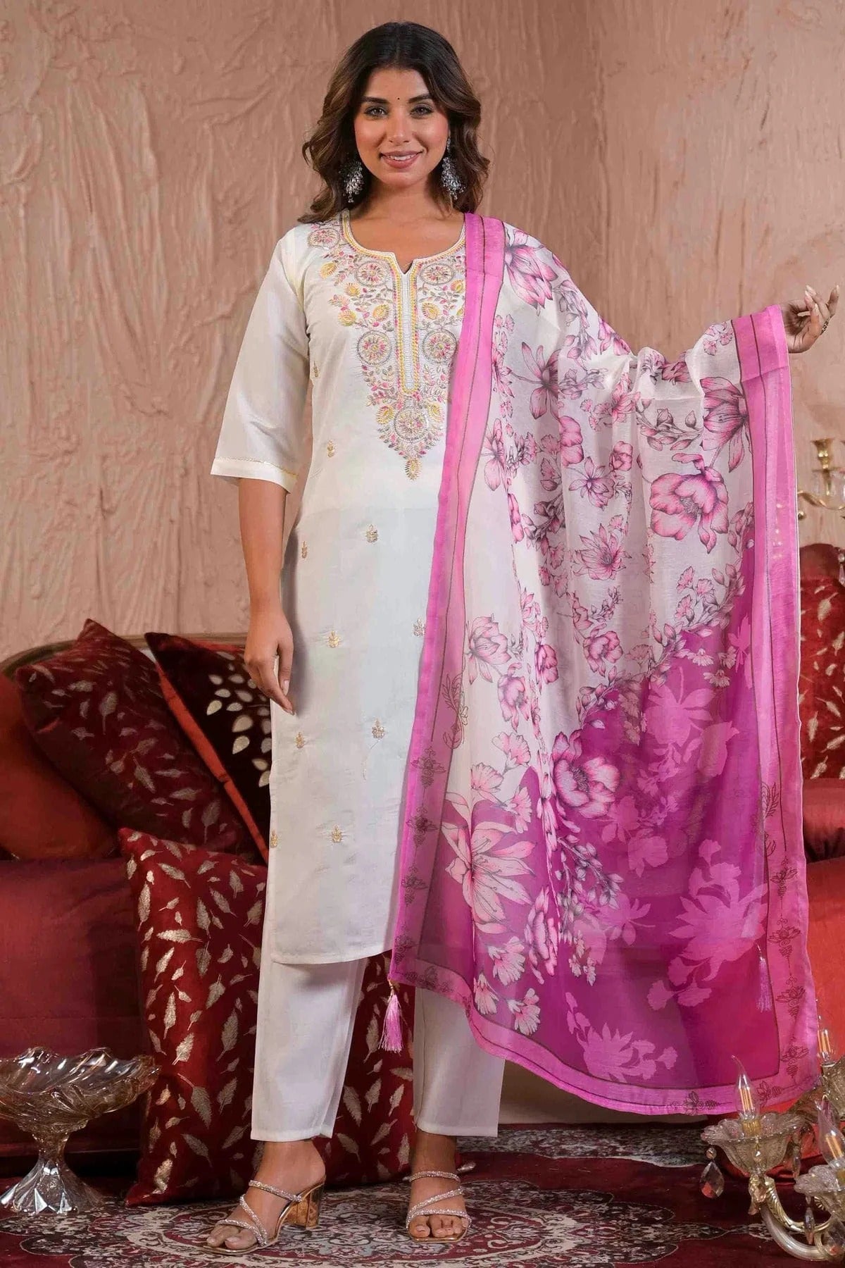 White Viscose Chanderi Stitched Suit NCSS11110684