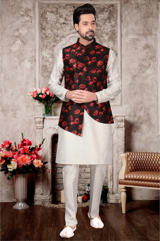 White and Black Kurta PajamaWith Jacket In Silk Dupion NCKP10410727