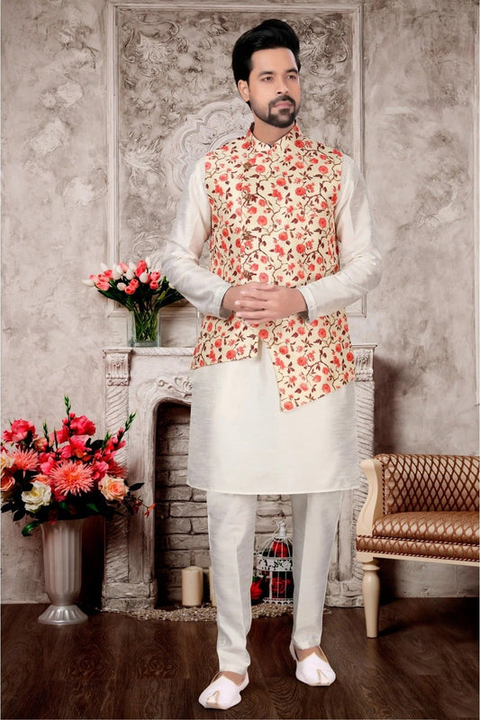 White and Cream Kurta PajamaWith Jacket In Silk Dupion NCKP10410725