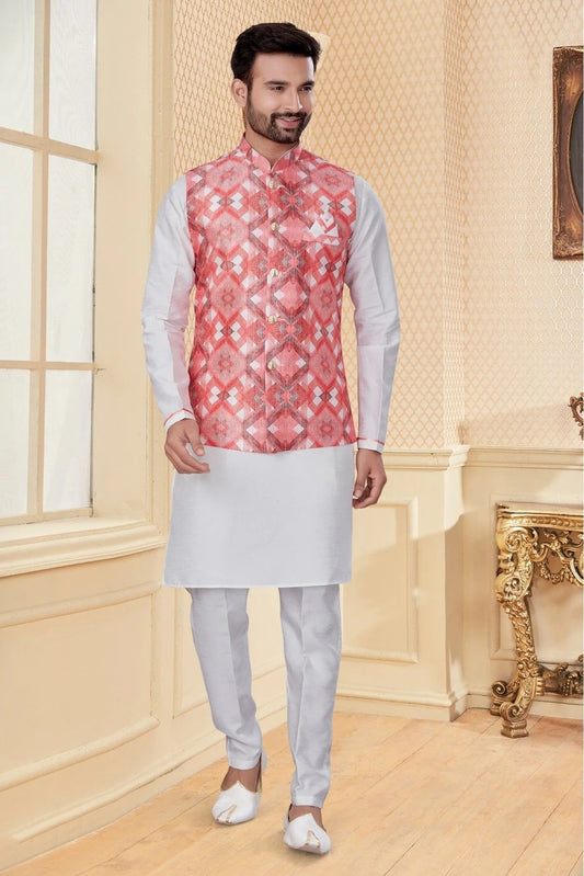 White and Pink Kurta PajamaWith Jacket In Silk Dupion NCKP10410722
