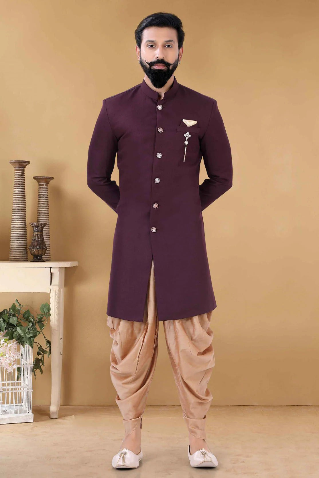 Wine Crape Indo Western Sherwani NCSH11310185-10