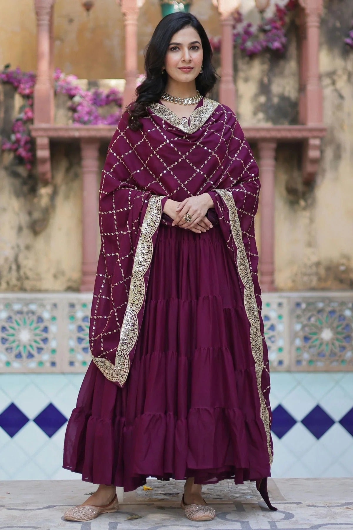 Wine Faux Georgette Stitched Gown NCGW11111347