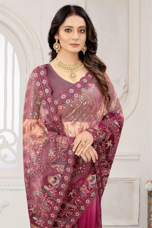 Wine Net Embroidery Saree NCSD11210850