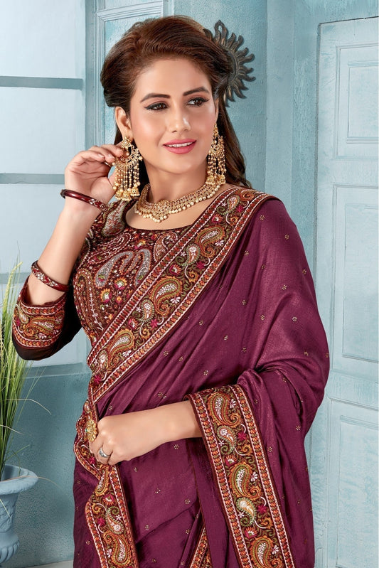 Wine Vichitra Silk Embroidery Saree NCSD11210813